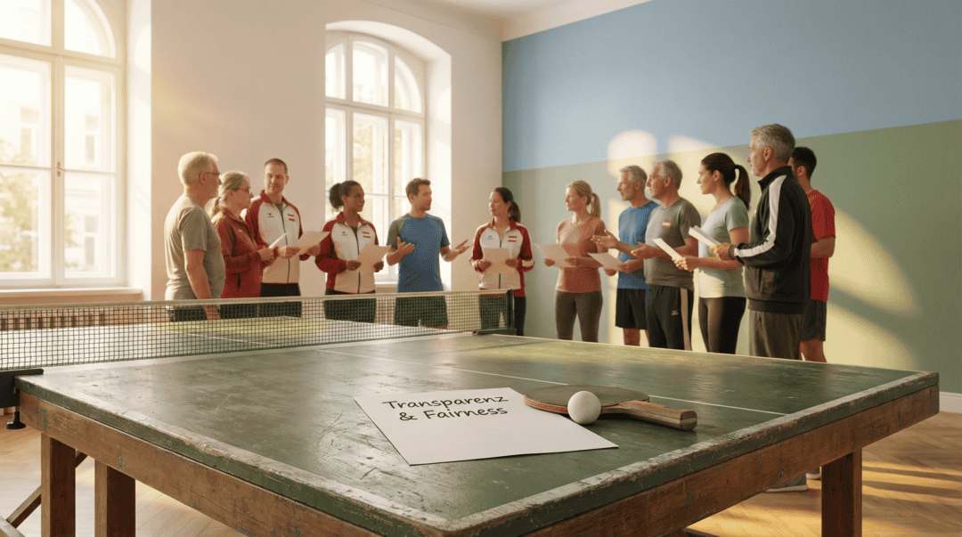 Gruppe beim Tischtennistraining in Leonding, Indoor-Sporthalle.