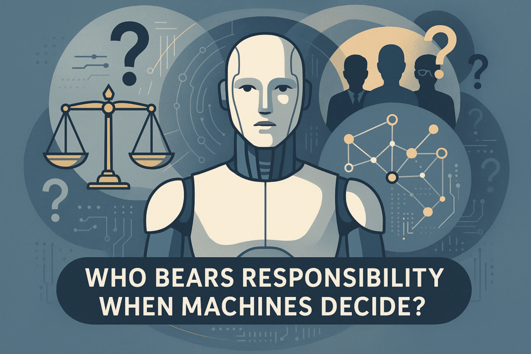Eine humanoide Roboterdarstellung thematisiert Verantwortung und Ethik in der KI-Entscheidungsfindung.