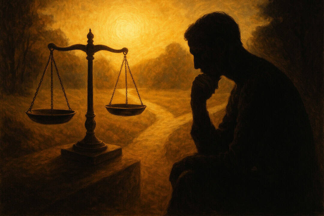 Justiz und Entscheidungen: Nachdenkliche Silhouette vor Waage und erleuchtetem Weg in warmen Farben.