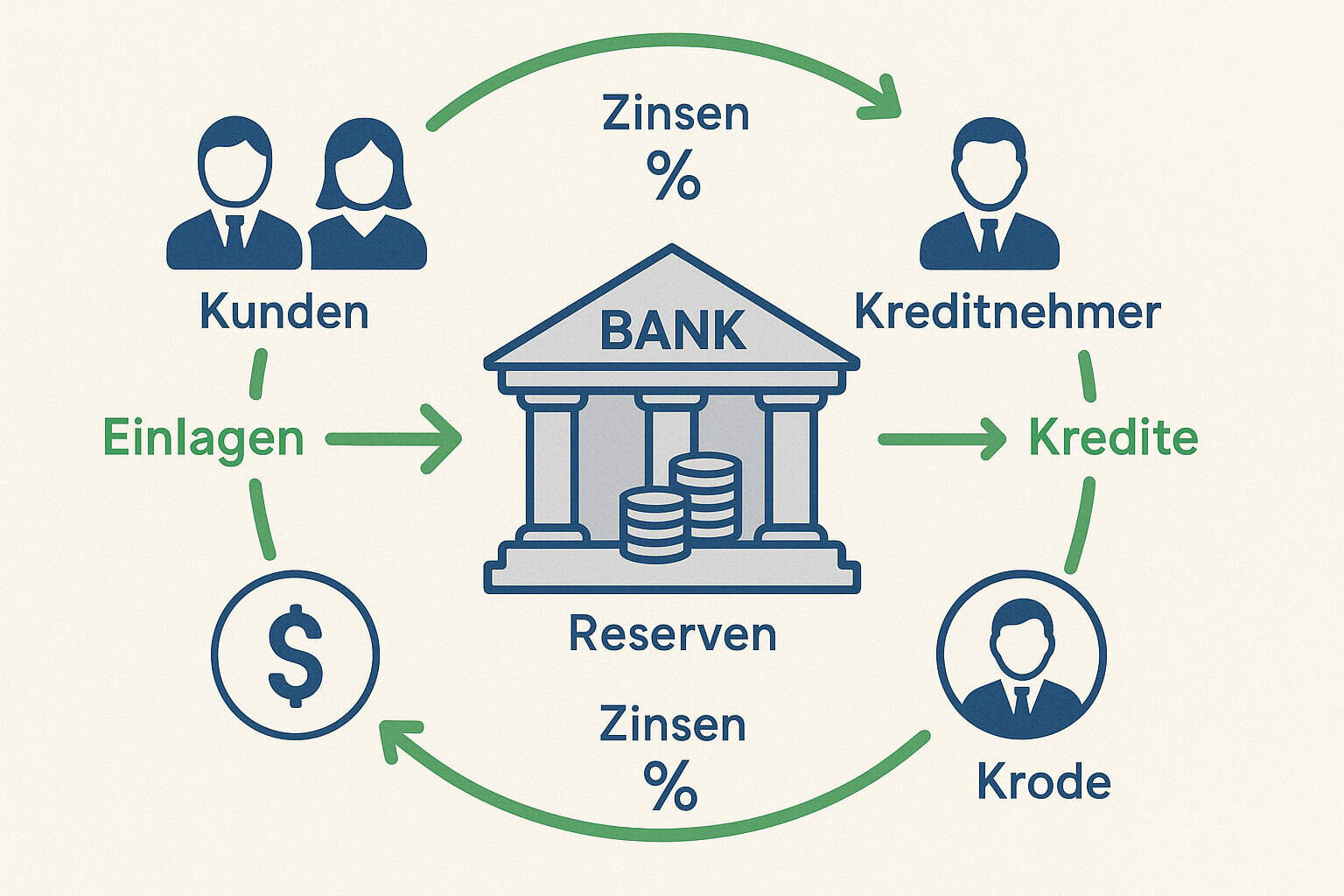 Diagramm zur Geldflussstruktur im Bankwesen: Kunden, Einlagen, Kredite und Zinsen.