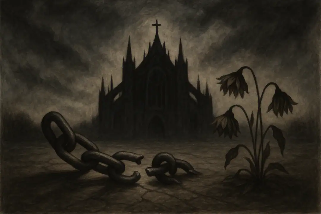 Häuft sich Dunkelheit um eine gebrochene Kette und verwelkte Sonnenblumen vor einer gotischen Kathedrale.