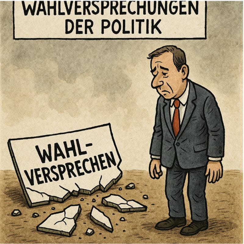 Gebrochene Wahlversprechen: Karikatur eines enttäuschten Politikers Karikatur Politiker enttäuscht neben zerbrochenem Stein mit Wahlversprechen, Symbol für gebrochene Wahlversprechen.