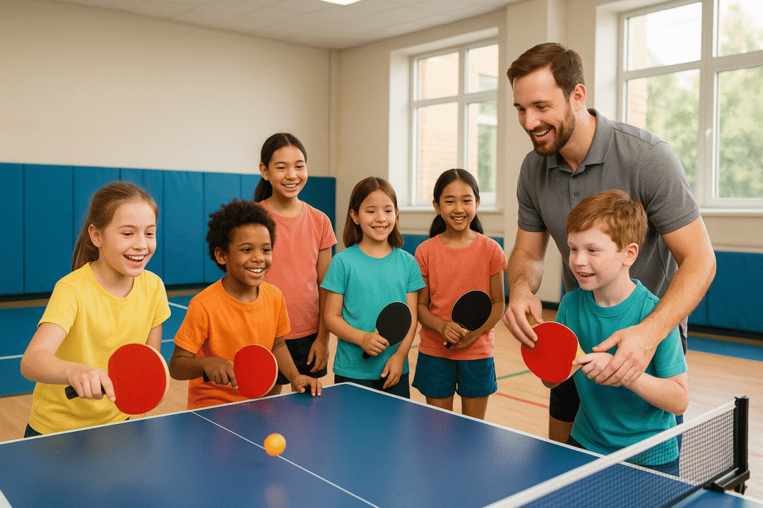 Tischtennis-Spiel mit Kindern: Spaß und Lernen in einer sicheren, unterstützenden Umgebung.