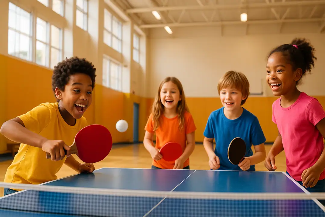 Kinder spielen begeistert Tischtennis in einem hellen Gymnasium mit natürlichem Licht.