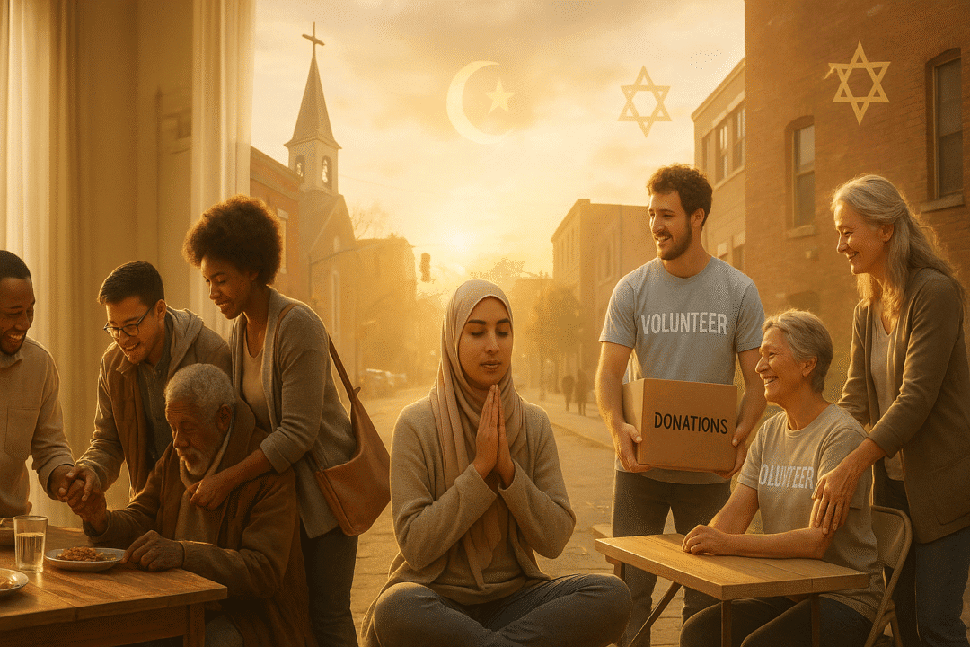 Gemeinschaftliche Veranstaltung mit religiösen Symbolen, Helfen und Zusammenhalt in Vielfalt.