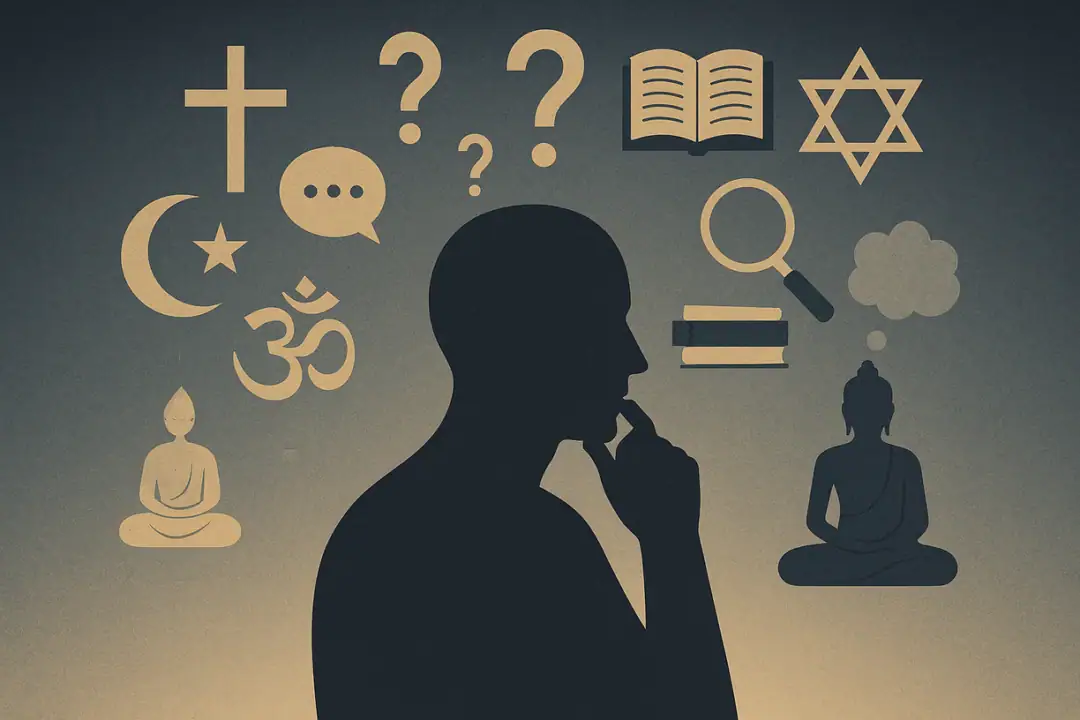 Tischtennis Leonding | Warum glauben Menschen an Religion? – Eine religionskritische Analyse Nachdenkliche Silhouette umgeben von religiösen und philosophischen Symbolen auf einem Farbverlaufshintergrund.