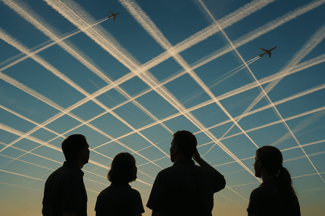 Silhouetten beobachten Flugzeuge und ihre Kondensstreifen gegen den blauen Himmel.
