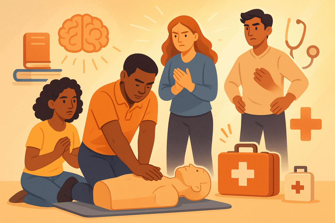 CPR-Training: Vielfältige Gruppe übt lebensrettende Erste-Hilfe-Techniken mit Schulungsmannequin.