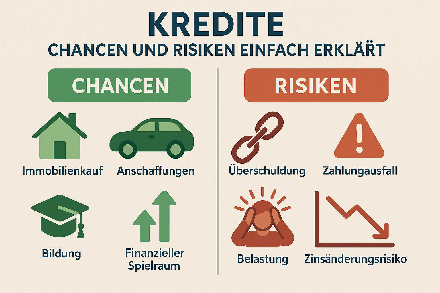 Kredite Chancen und Risiken einfach erklärt: Vorteile, Gefahren und Finanzwissen visuell dargestellt.
