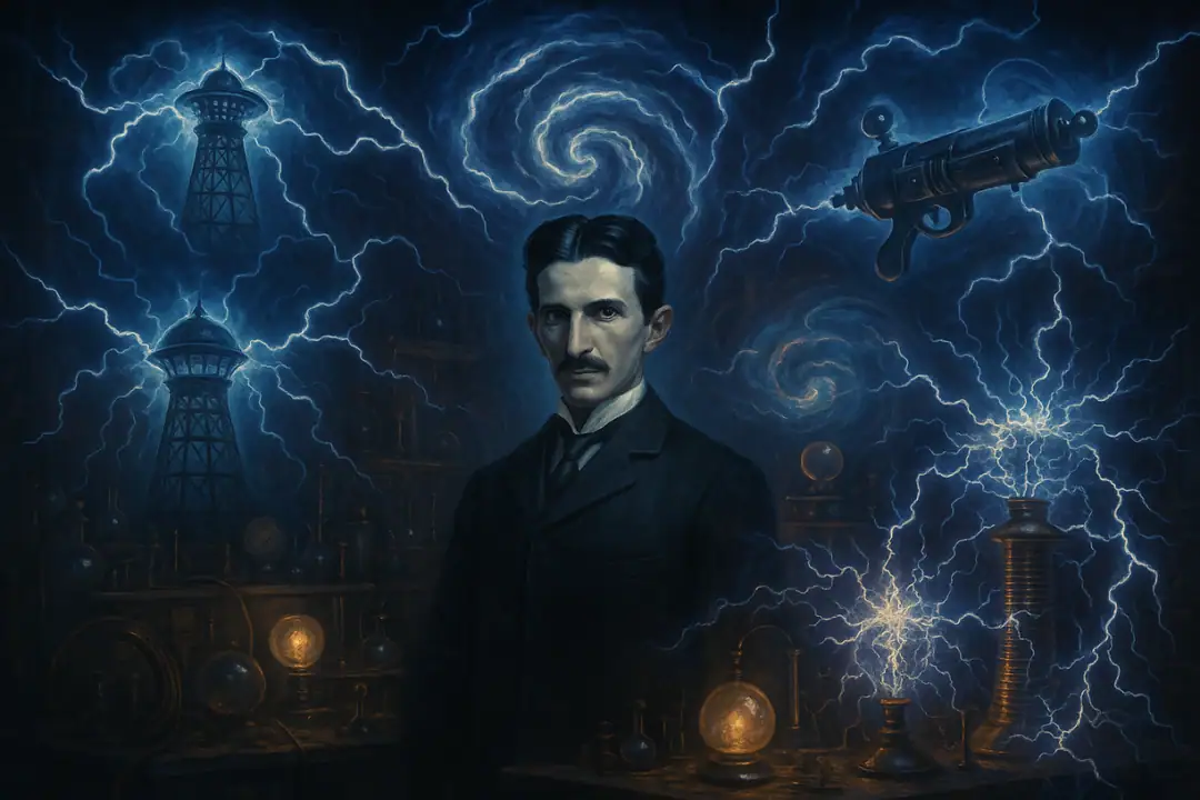 Dramatisches Porträt von Tesla, umgeben von elektrischen Energie und innovativen Erfindungen.