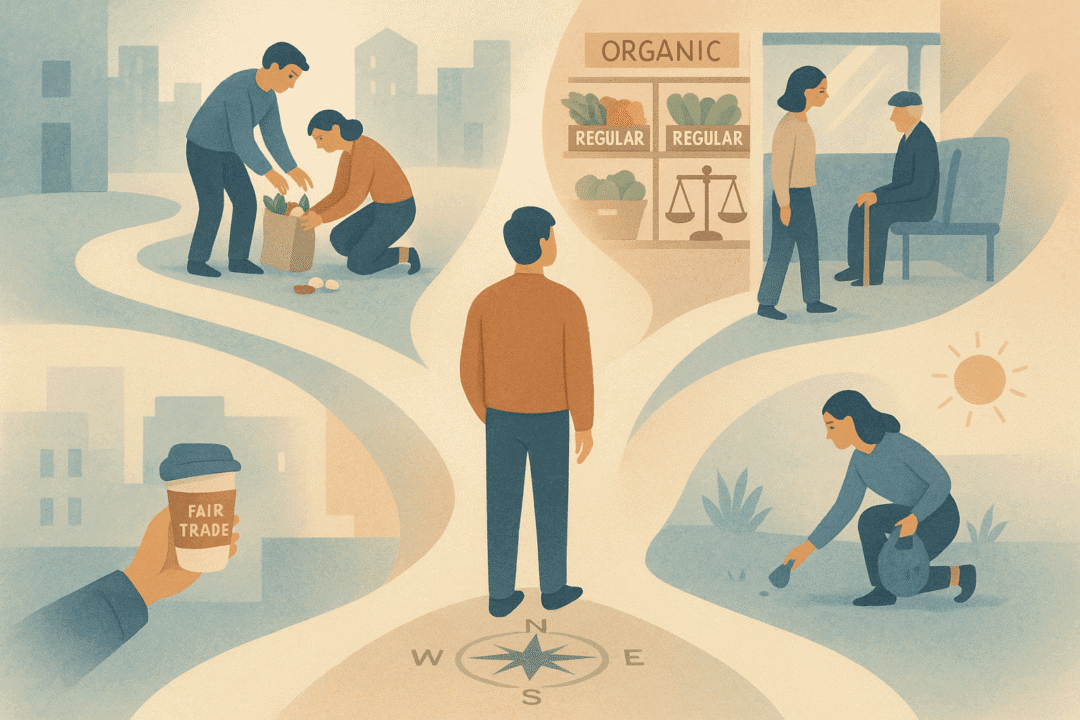 Entscheidungen für Nachhaltigkeit und Gemeinschaft: Ethik, Fair Trade und freundliche Taten im Alltag.