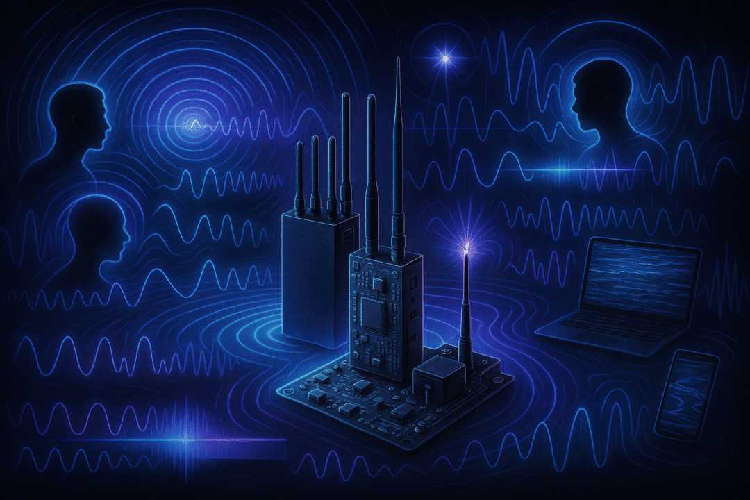 Futuristische digitale Landschaft mit Kommunikationshardware, Wellenmustern und Mensch-Silhouetten im Netzwerk.