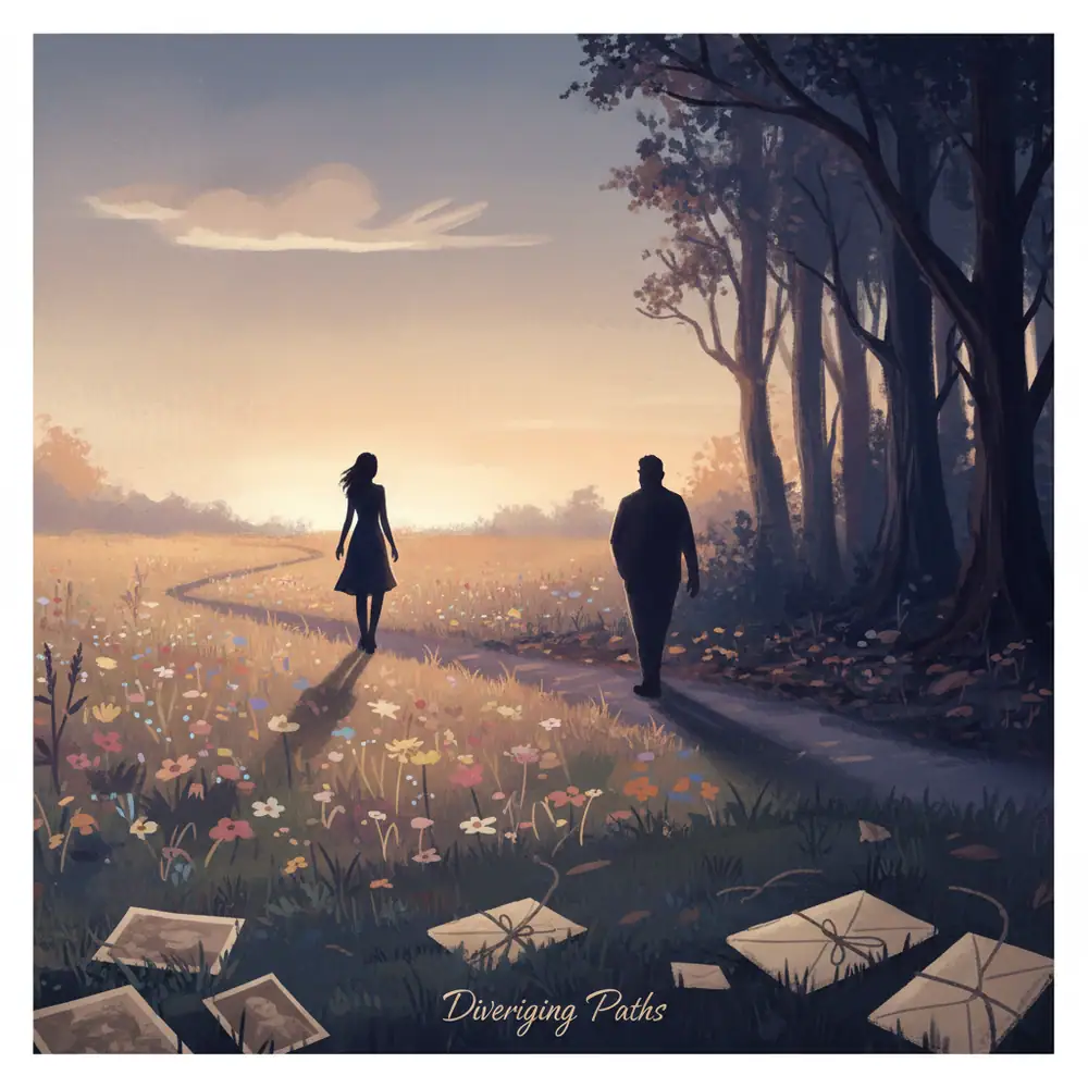 Zwei Figuren gehen in verschiedene Richtungen durch eine blühende Wiese, symbolisieren Freundschaft und Trennung.