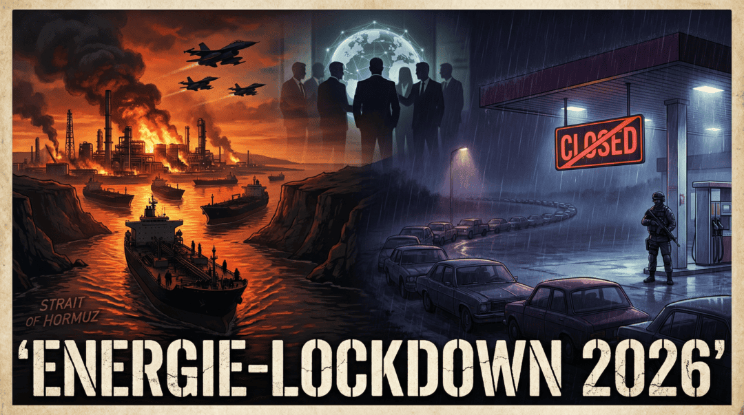 Energie-Lockdown 2026: Szenen mit Umweltzerstörung, Überwachung und verschlossenen Geschäften.