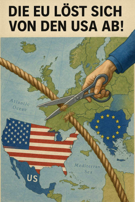 Europa und USA: Die transatlantische Trennung EU trennt sich von USA, politische Karikatur, transatlantische Beziehungen, Europa, Amerika, Abnabelung.