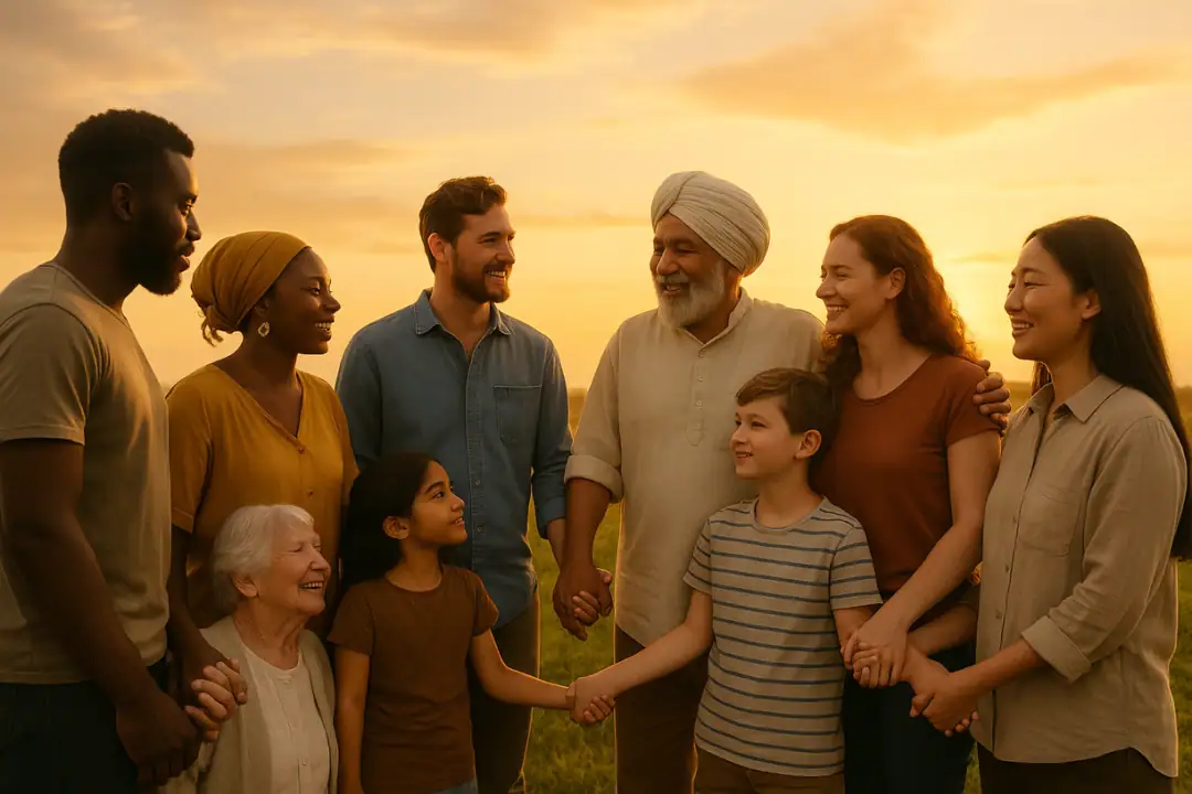 Bunte Gruppe von Menschen vereint bei Sonnenuntergang, symbolisiert Freundschaft und kulturelle Vielfalt.