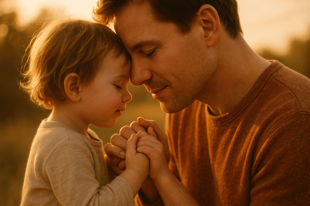 Vater und Kind teilen einen liebevollen Moment bei Sonnenuntergang im Freien.