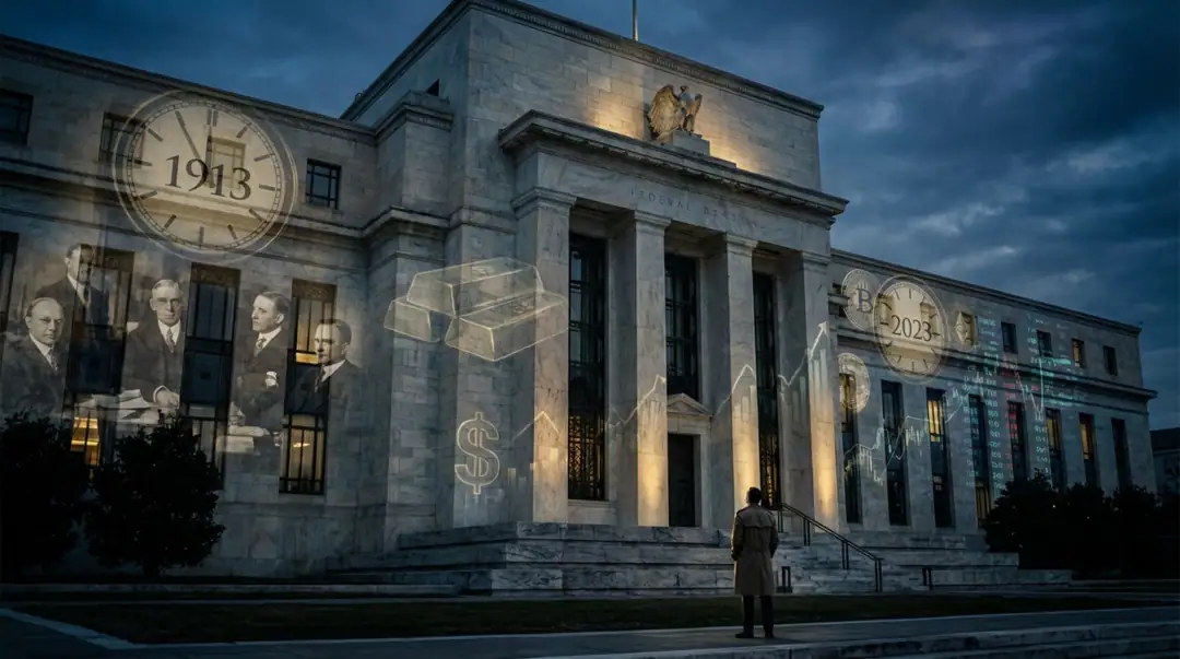 Historisches Gebäude, Finanzsysteme Entwicklung, Bitcoin, Ethereum, Gold, Dollar, 1913 bis 2023, Wirtschaft.