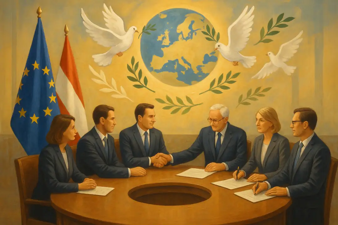 Tischtennis Leonding | RESET – Für eine neue Friedenspolitik der EU und Österreichs Formelles Treffen zur Friedensverhandlung mit diplomatischen Vertretern und Einigungshandshake.