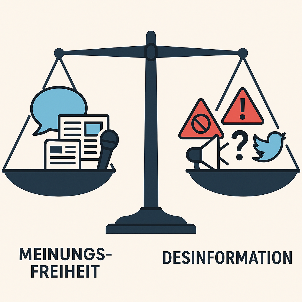 Meinungsfreiheit und Desinformation im digitalen Zeitalter Illustration: Meinungsfreiheit gegen Desinformation mit Waage, Symbolen für Journalismus, Social Media und Warnzeichen.