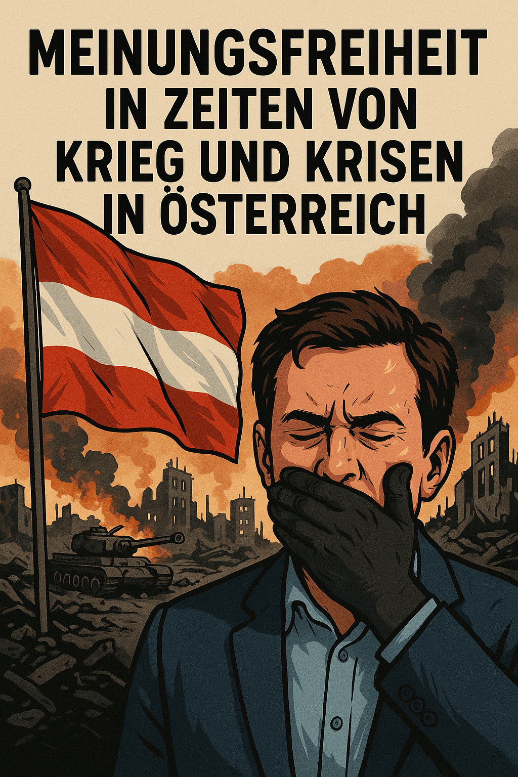 Zensur und Meinungsfreiheit in Österreich im Krieg und in Krisen Meinungsfreiheit in Österreich während Krieg und Krise, Zensur durch Gewalt, zerstörte Stadt, Flagge.