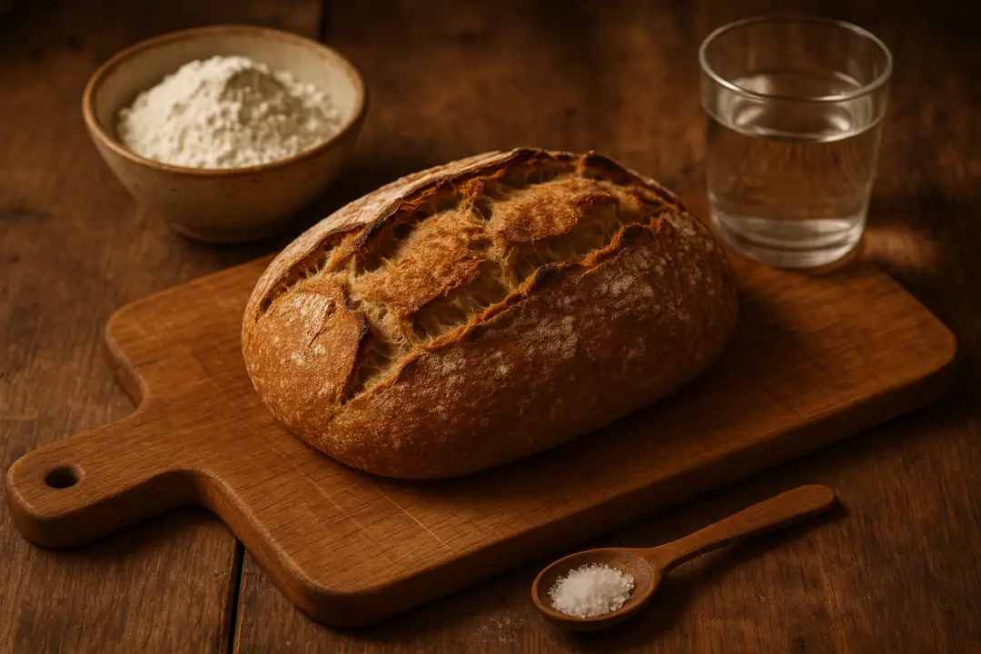 Tischtennis Leonding | Dein 3-Zutaten-Brot – einfache Brotrezepte für jeden Tag Rustikale Szenerie mit frisch gebackenem Brot, Salz, Mehl und Wasser für authentisches Backen.