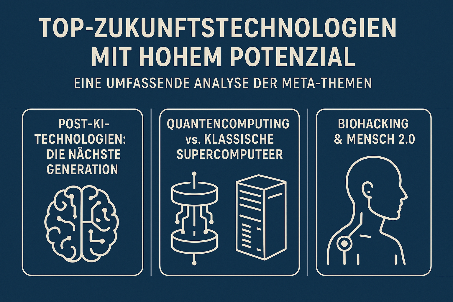 Zukunftstechnologien 2024: KI, Quantencomputing und Biohacking Trends Infografik zu Zukunftstechnologien: Künstliche Intelligenz, Quantencomputing und Biohacking Trends 2024.