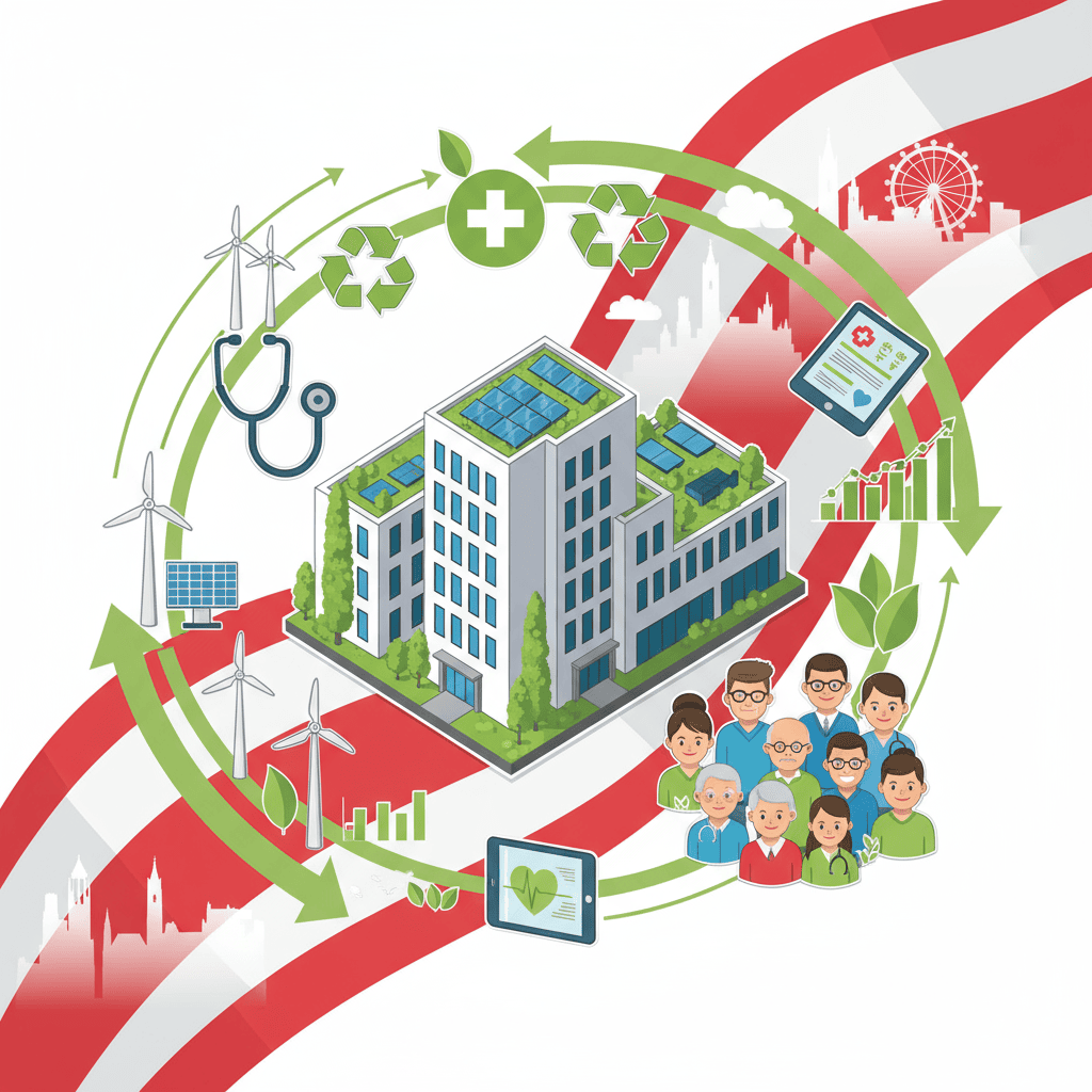 Moderne Gesundheitsversorgung und Nachhaltigkeit in einer urbanen, umweltfreundlichen Landschaft.