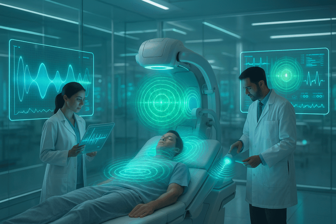 Futuristische Medizin: Patient in hochmodernem Untersuchungsraum mit holografischen Technologien und digitalen Geräten.
