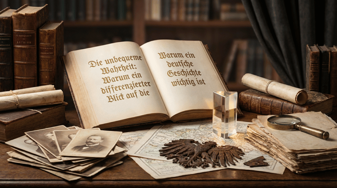 Historisches deutsches Buch auf Schreibtisch mit alten Dokumenten, Fotos, Karte und Prisma.