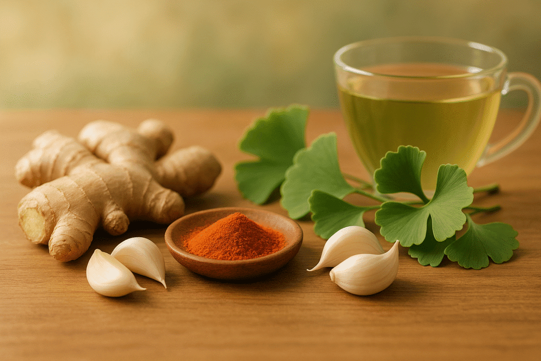 Frische Ingwer, Knoblauch und Gewürze in einer stillen Anordnung für Gesundheit und Wohlbefinden.
