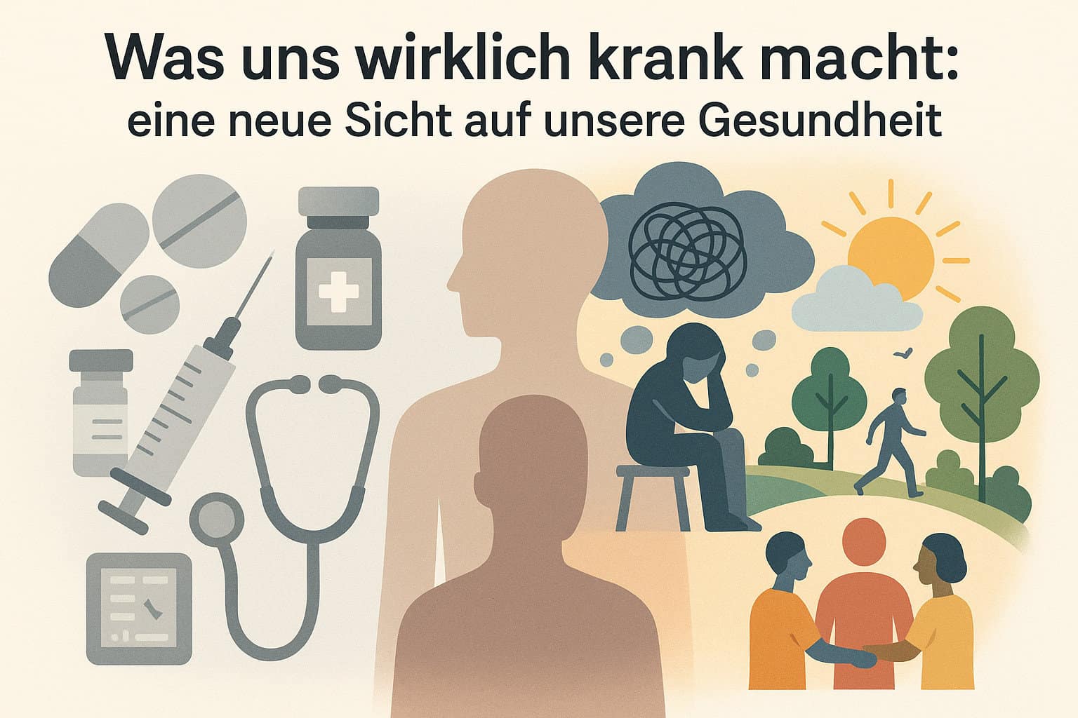 Gesunde Lebensweise: Medizin, mentale Gesundheit und natürliche Gemeinschaft vereint in einer inspirierenden Illustration.