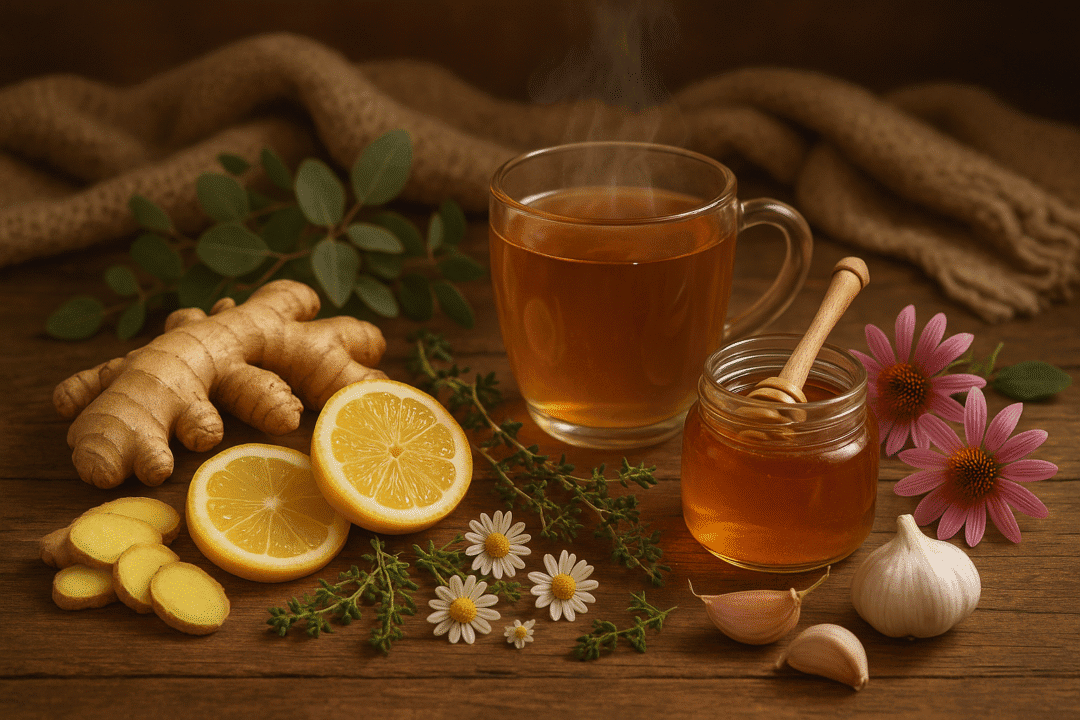 Beruhigende Kräuterteemischung mit Ingwer, Zitrone, Honig und Echinacea für natürliche Hausmittel.