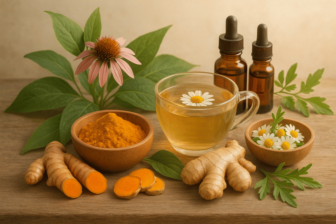 Kräutertee mit Kamille, Kurkuma und Echinacea fördert natürliche Heilung und Gesundheit.