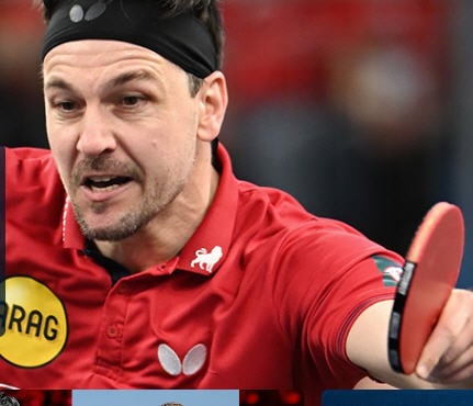 Tischtennisprofi in rotem Trikot, Fokus und Dynamik im Spiel, unscharfer Hintergrund.