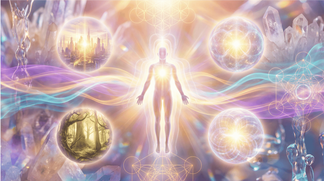 Heller Mensch im Zentrum in einer spirituellen, leuchtenden Umgebung mit Kristallen und Energie-Visualisierung.