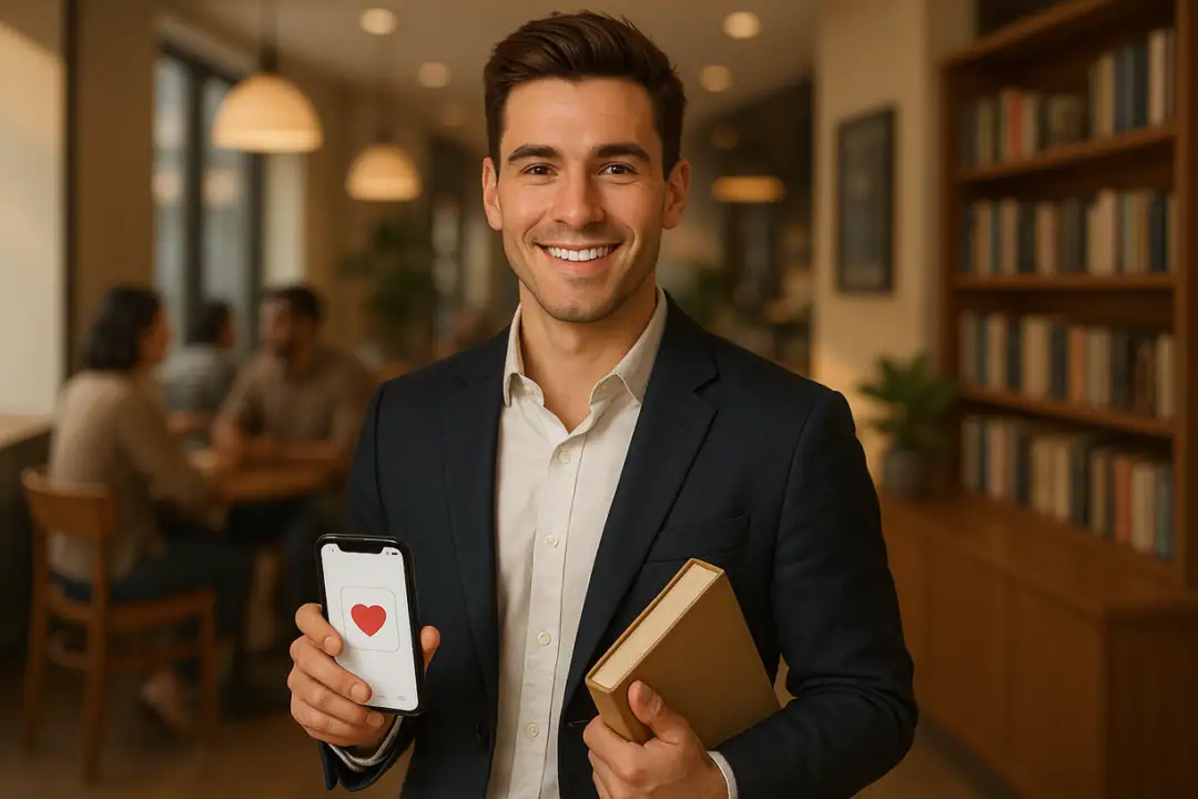 Tischtennis Leonding | Wie Männer eine tolle Partnerin finden – 10 ehrliche Tipps, die wirklich wirken Junger Mann in Anzug mit Buch und Smartphone, Herz-Icon symbolisiert Dating und Kommunikation.