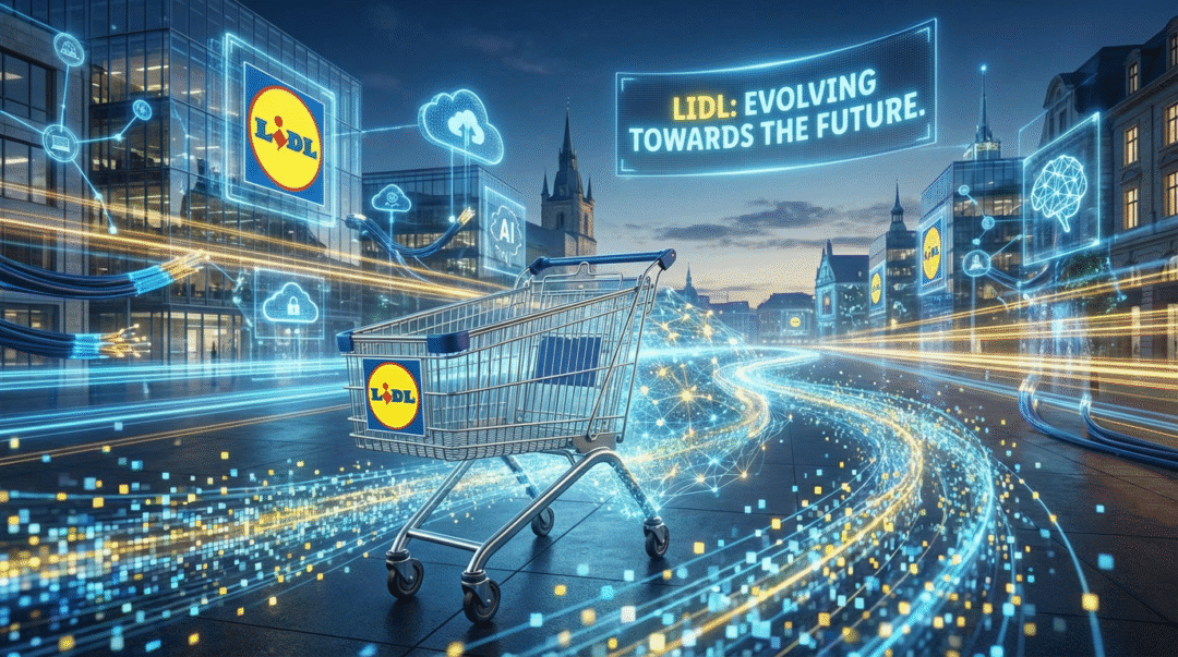 Lidl Einkaufswagen und digitale Stadt, Zukunft des Einzelhandels, Technologie, Innovation, Vernetzung.
