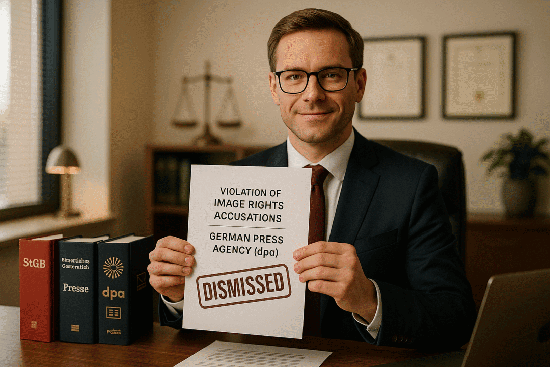 Mann im Anzug hält Dokument über Bildrechte, dpa-Akkusationen abgewiesen.