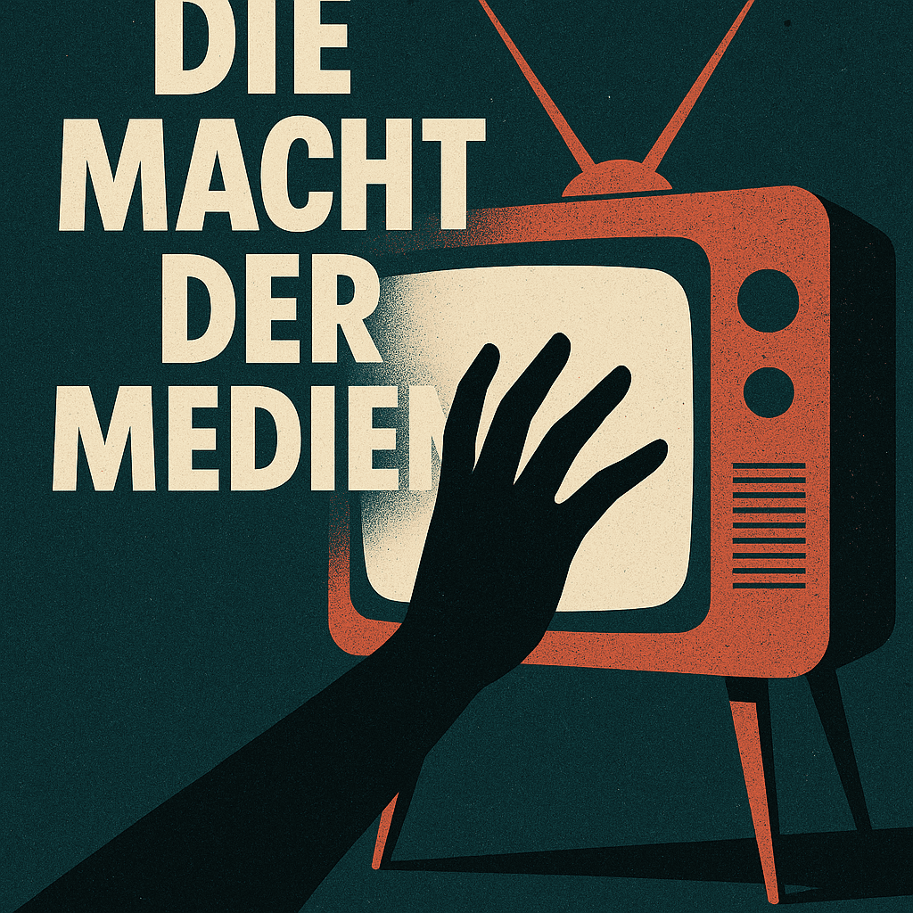 Die Macht der Medien – Retro Fernseher und Einfluss Retro Fernseher Poster: Die Macht der Medien, schwarze Hand, deutsch, Medienkritik, Vintage Illustration.