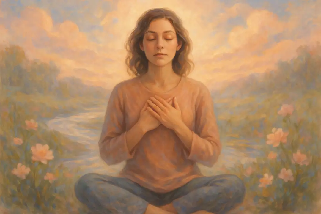 Meditative Frau in der Natur, umgeben von Blumen und einer friedlichen Landschaft.