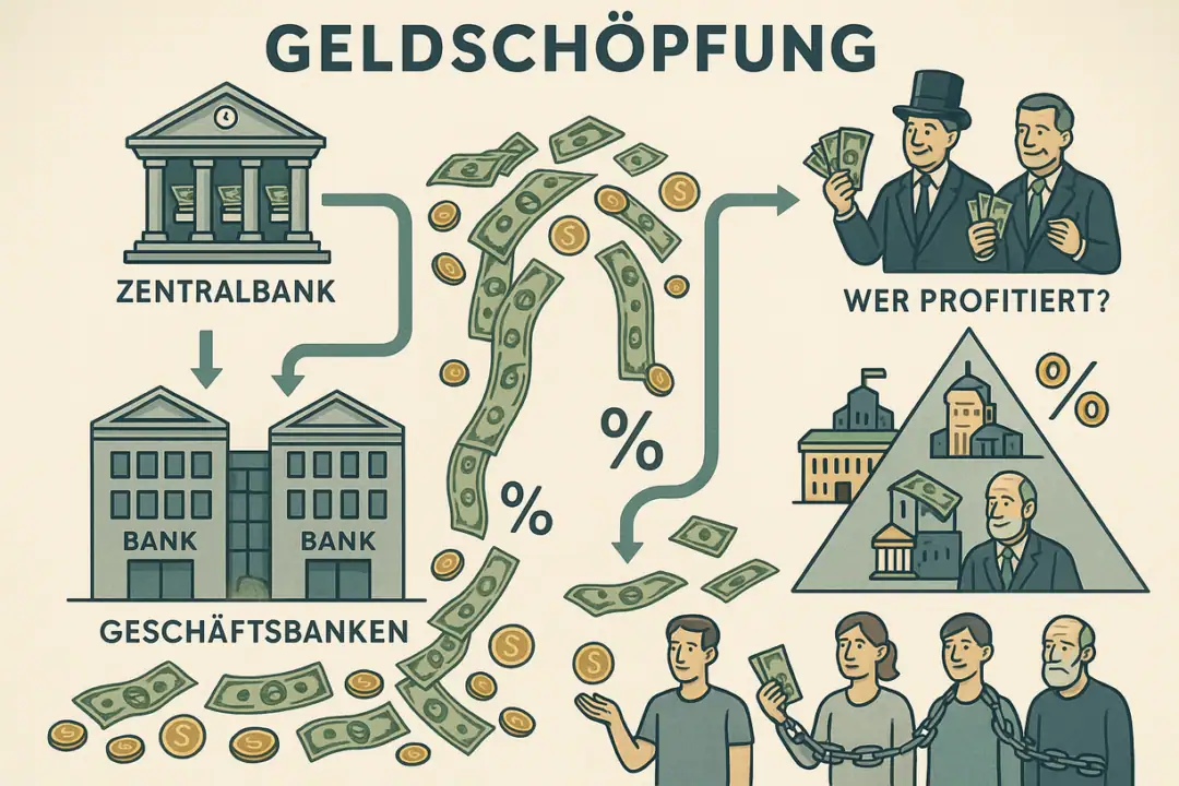 Infografik zur Geldschöpfung: von der Zentralbank über Geschäftsbanken zu finanzieller Ungleichheit.