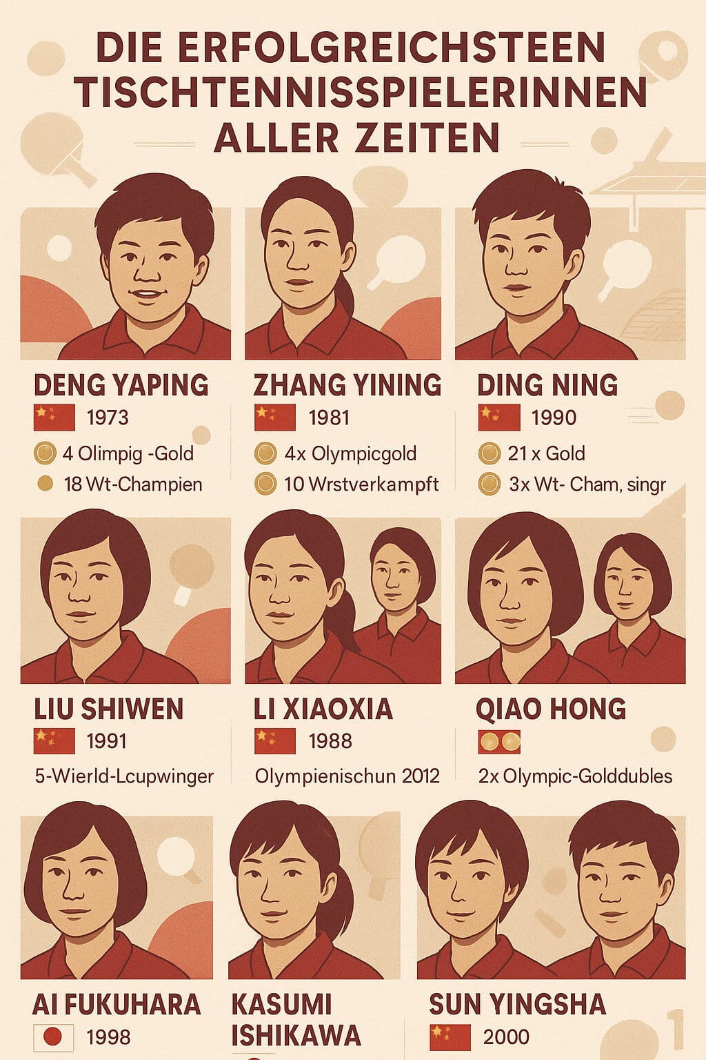 Die erfolgreichsten Tischtennisspielerinnen mit Erfolgen, Portraits und Nationalflaggen in stilvollem Design.