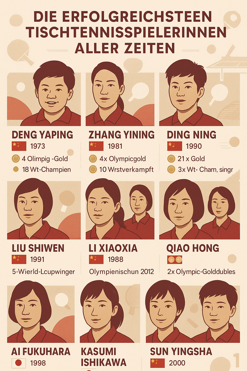 Die erfolgreichsten Tischtennisspielerinnen mit Erfolgen, Portraits und Nationalflaggen in stilvollem Design.