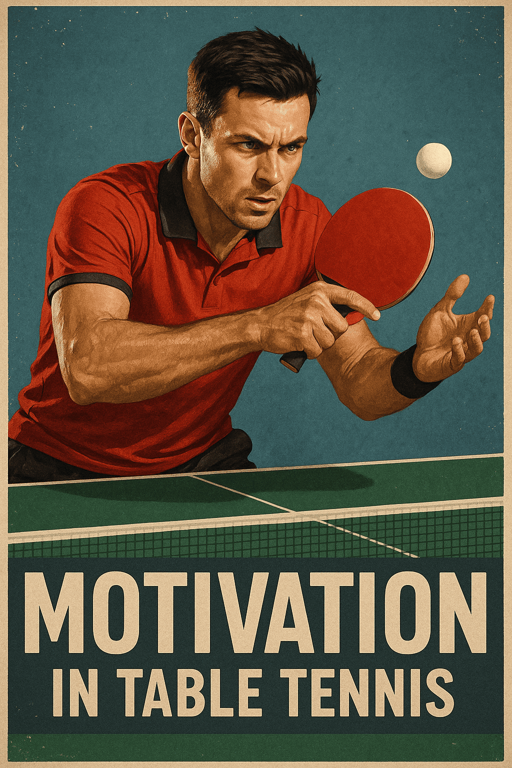 Motivation Und Fokus Im Tischtennis Inspiration Fuer Sieger Motivationsposter Tischtennis: Fokussierter Spieler im roten Shirt beim Aufschlag vor blauem Hintergrund.