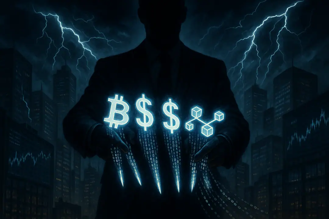 Tischtennis Leonding | Totale Kontrolle durch digitales Geld der Zentralbanken: Fluch oder Segen? Mysteriöse Figur in der Finanzwelt mit Bitcoin, Dollarzeichen und Blockchain-Technologie unter einem stürmischen Himmel.