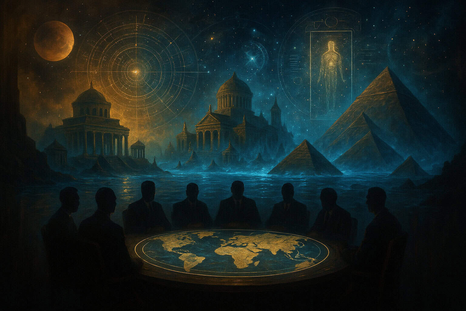 Mysterious Versammlung um Weltkarte, umgeben von kosmischen Elementen und alten Strukturen.