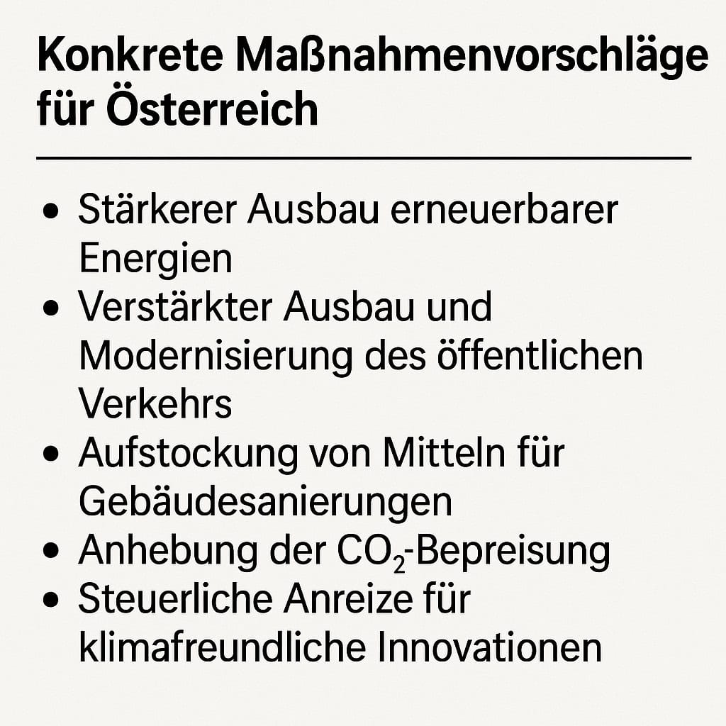 Konkrete Maßnahmen für Österreich: Ausbau erneuerbarer Energien, öffentliche Verkehrsmittel und Klimaschutz-Innovationen.