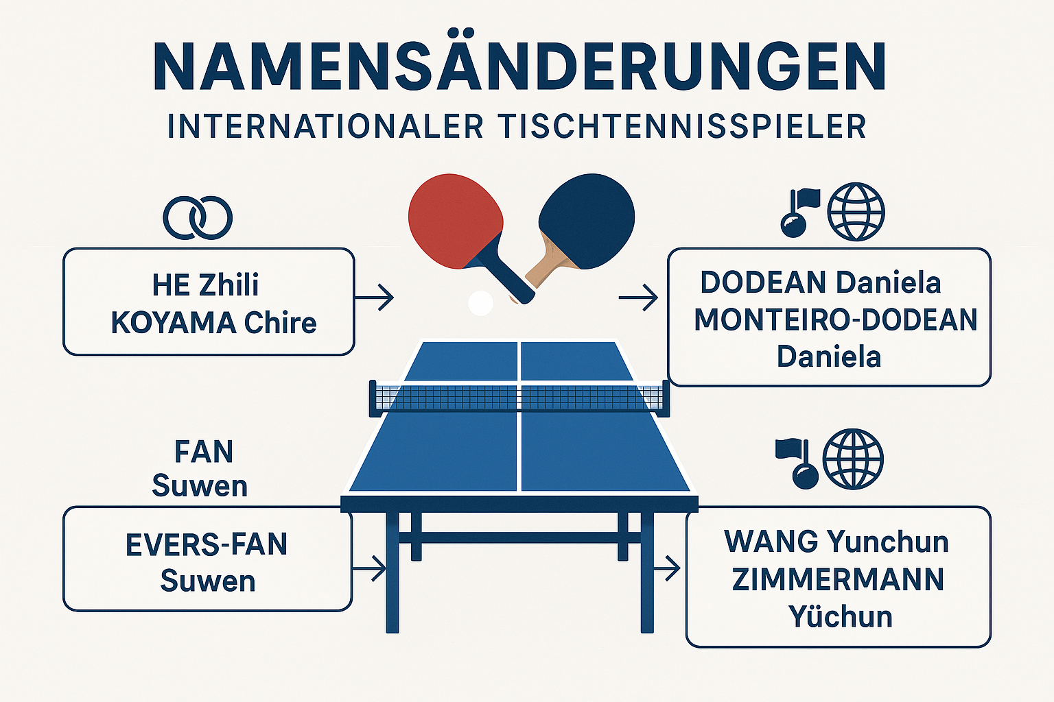 Nameänderungen internationaler Tischtennisspieler: HE Zhili, FAN Suwen und weitere.