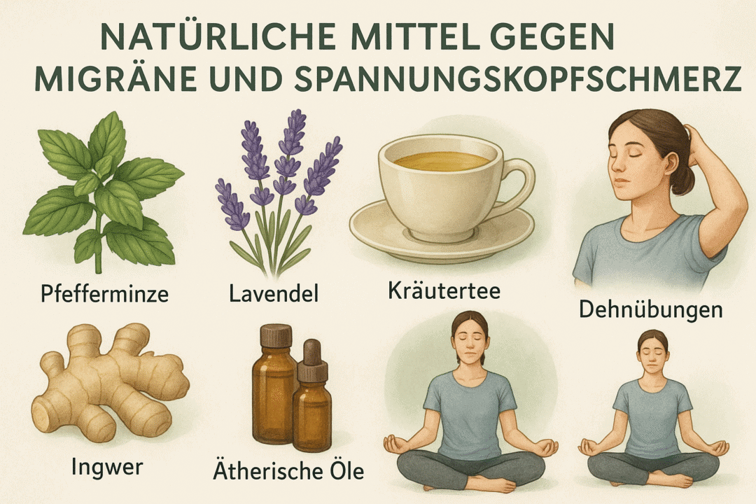 Natürliche Heilmittel gegen Migräne und Spannungskopfschmerz: Pfefferminze, Lavendel, Ingwer und mehr.